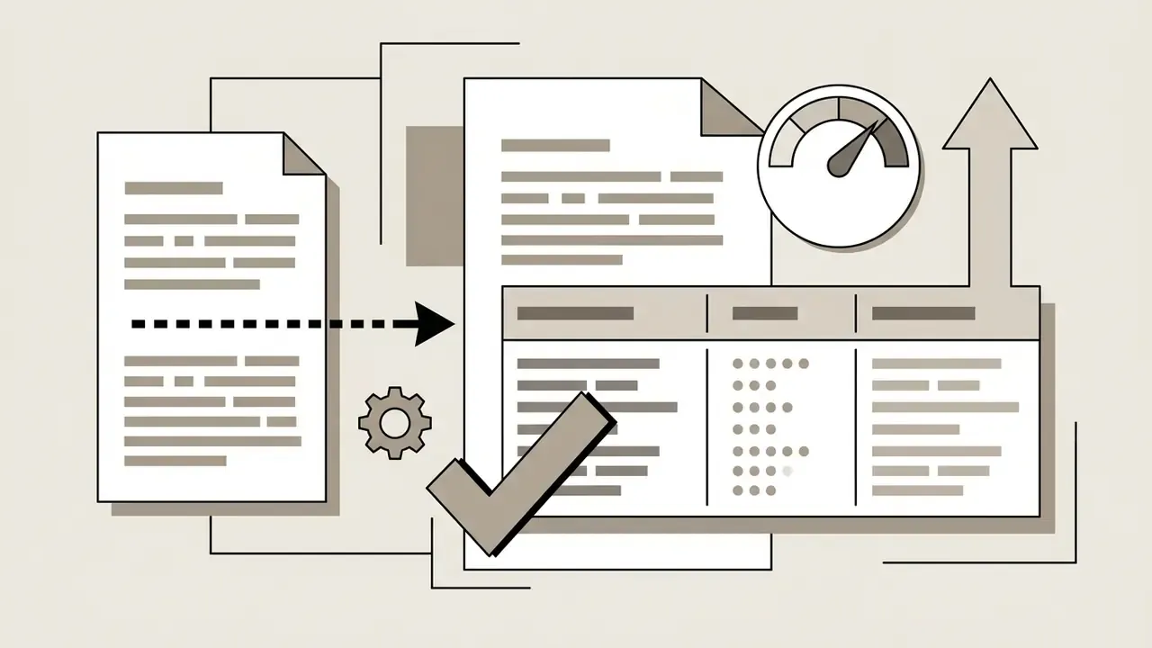 Document feeding into a processor that generates a glossary table with a checkmark and speed gauge