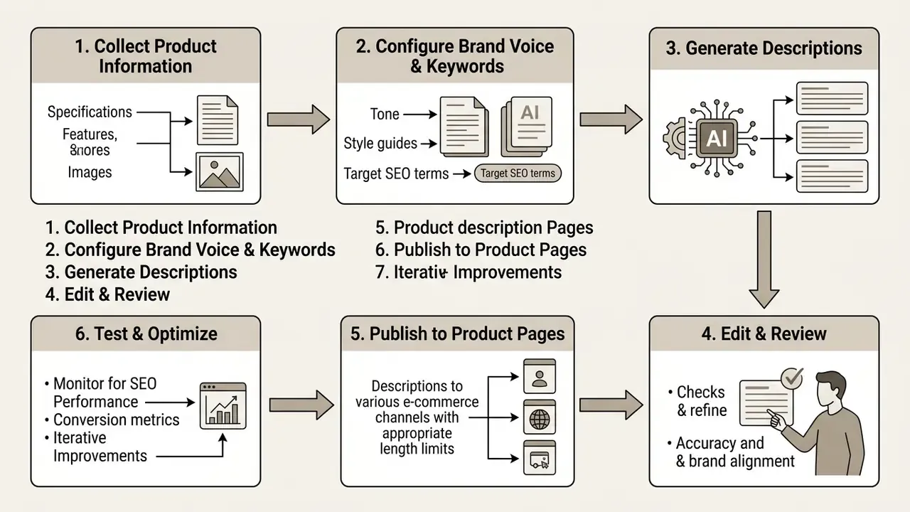 Sequential diagram detailing the stages of catalog content creation from data collection to final testing