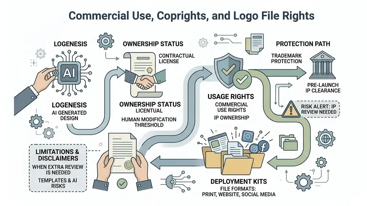 Flowchart mapping the progression from AI design generation to ownership, legal protection, and file delivery