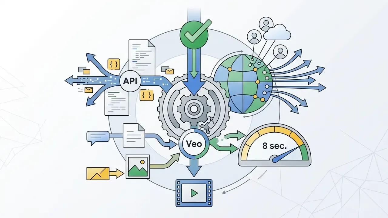 Diagram showing Veo processing text and image inputs through a central engine for video generation
