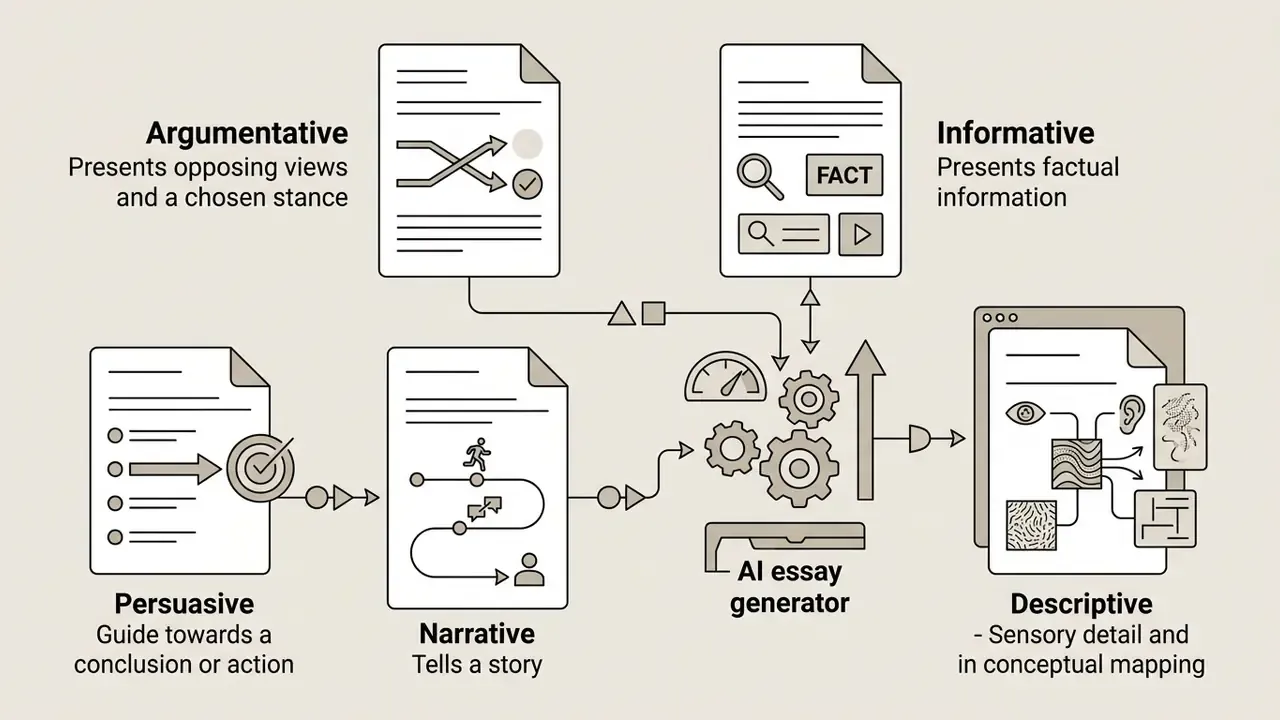 Icons for four essay types feeding into a central gear system that outputs descriptive writing elements