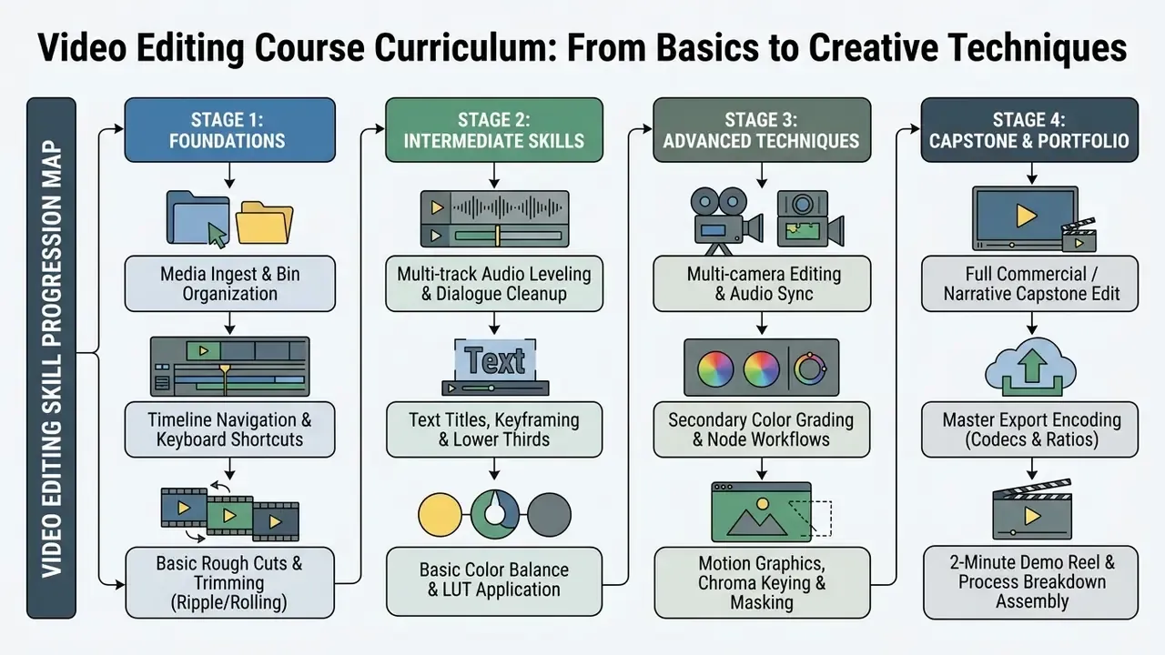 Four stage progression map outlining technical skills for an online video editing course