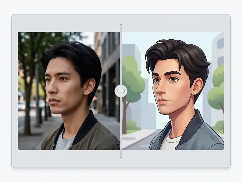 Side-by-side comparison of a man in a photograph and his 3D cartoon avatar created by Voilà AI Artist