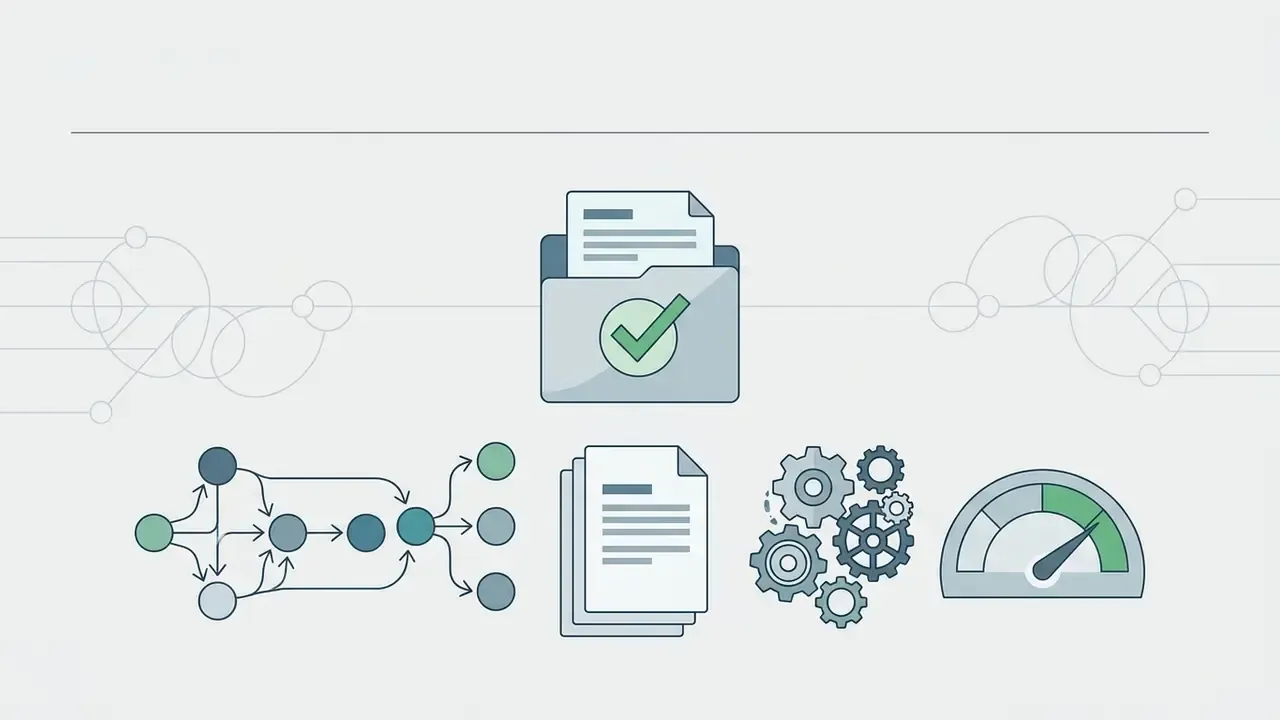 Folder with checkmark above a network node map, stacked pages, gear cluster, and speed gauge