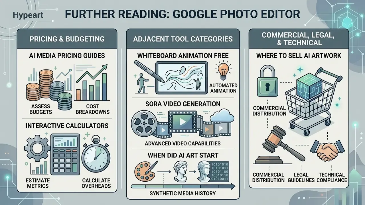Three column diagram detailing pricing, adjacent tool categories, and legal considerations for AI media