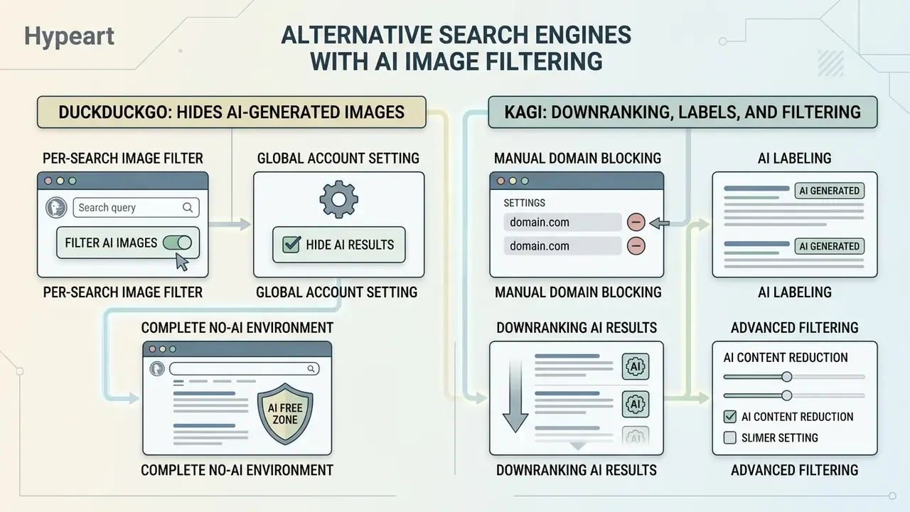Comparison of DuckDuckGo and Kagi settings to filter or hide AI-generated images in search results