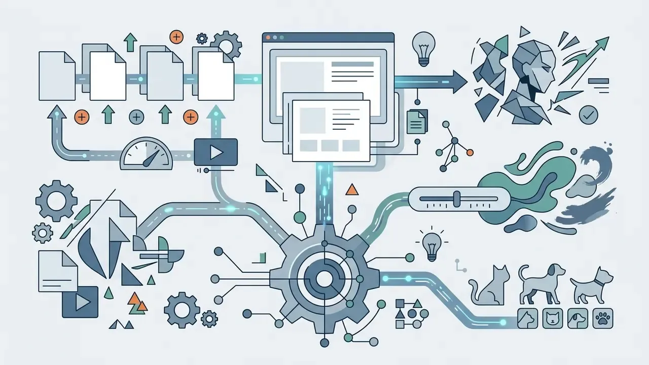 Central gear mechanism connecting digital document workflows to stylized character and animal art generation