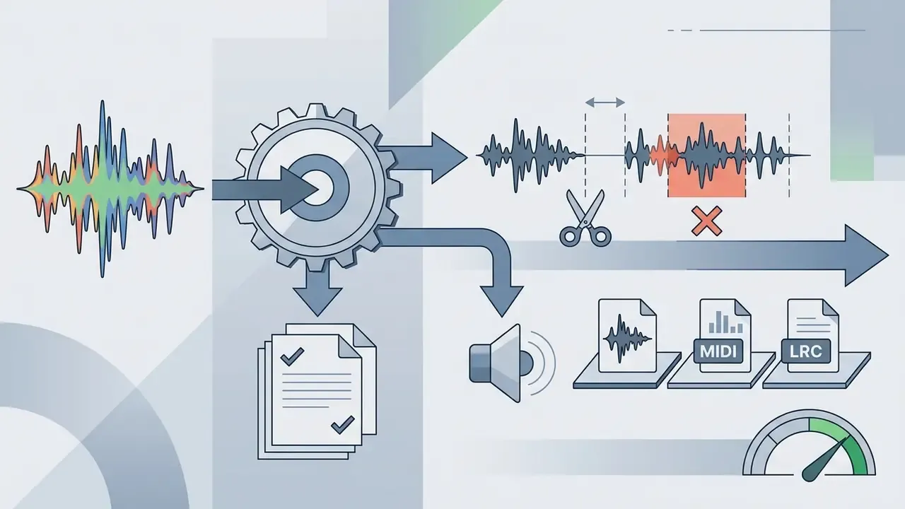 Audio waveform being processed by gears into trimmed clips, document files, and digital audio formats