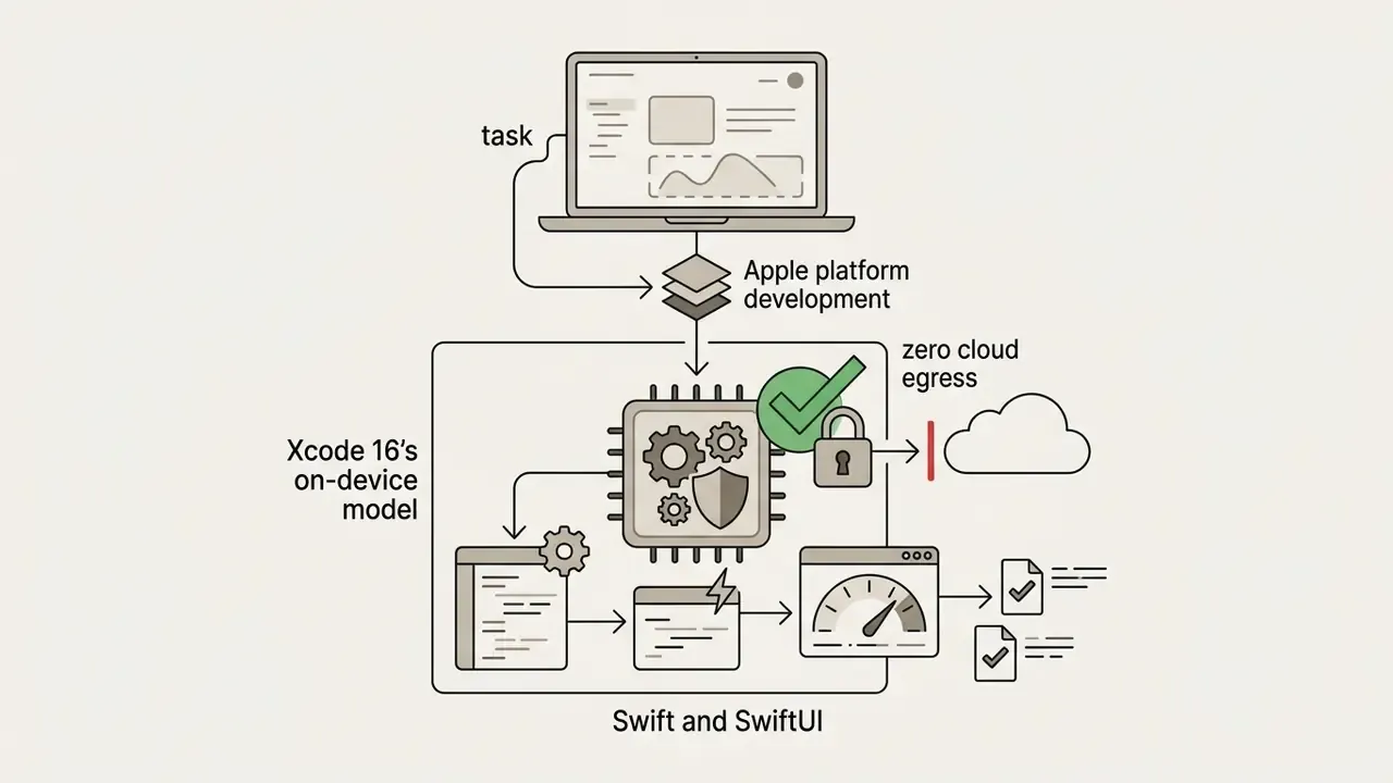 Laptop task feeding into an on-device processor that generates Swift and SwiftUI code without cloud egress