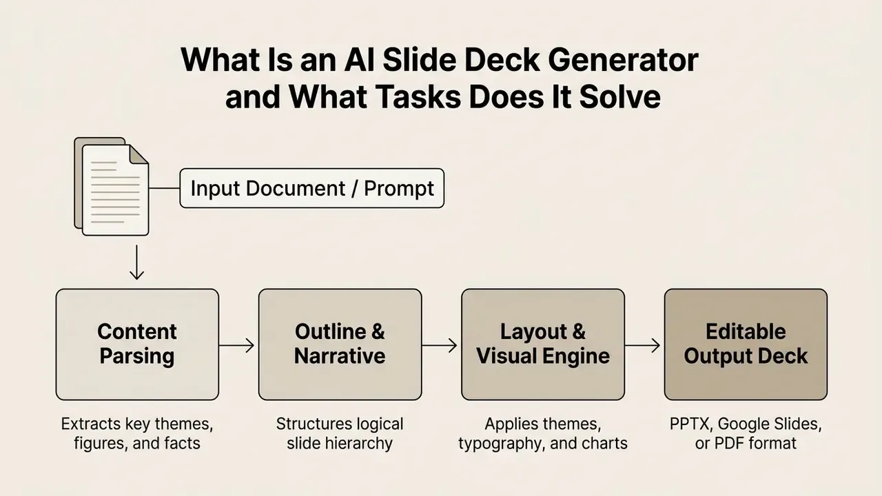 Flowchart illustrating the four-step process of transforming input documents into editable slide decks