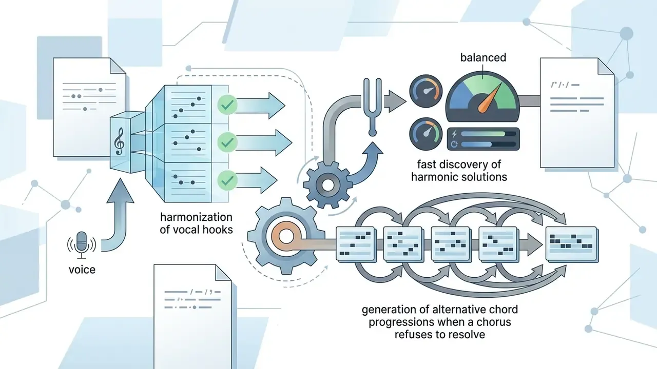 Diagram showing musical input processing, vocal harmonization, and iterative chord progression generation