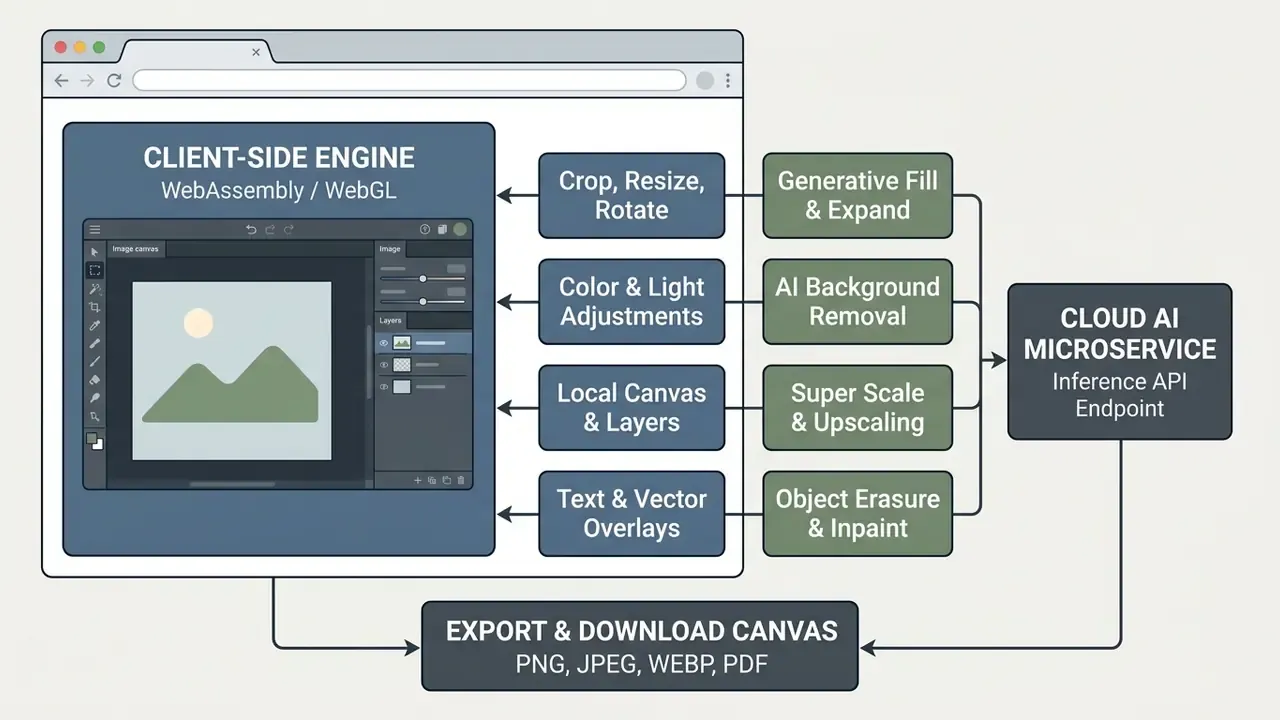 Diagram showing how a free online photo editor combines a client-side engine with cloud AI microservices