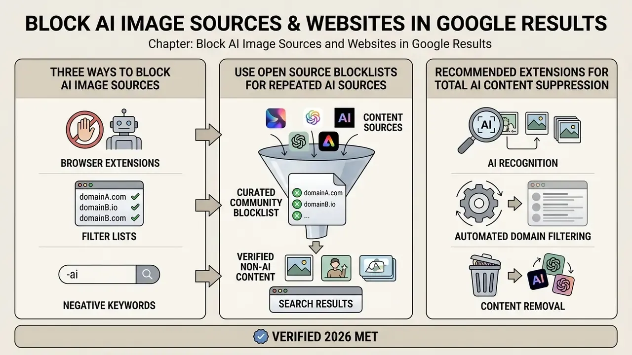 Infographic comparing methods to block AI image sources using browser extensions and community blocklists