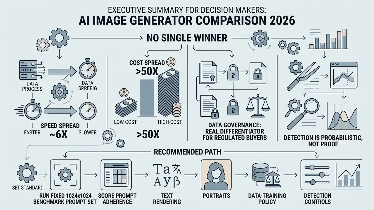 Infographic showing key factors for AI image generator comparison including speed, cost, and governance
