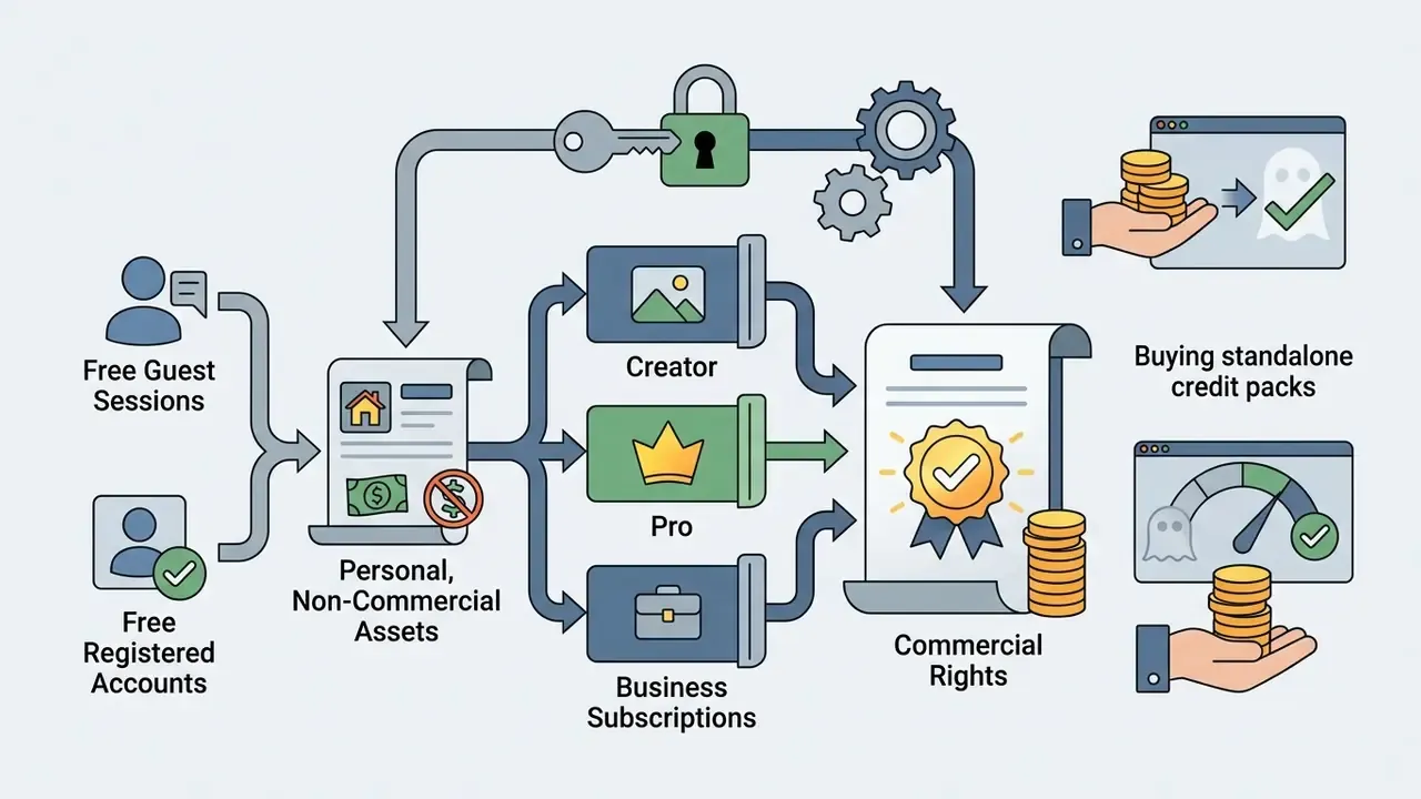 Visual breakdown of how user account types and subscription tiers determine commercial licensing rights