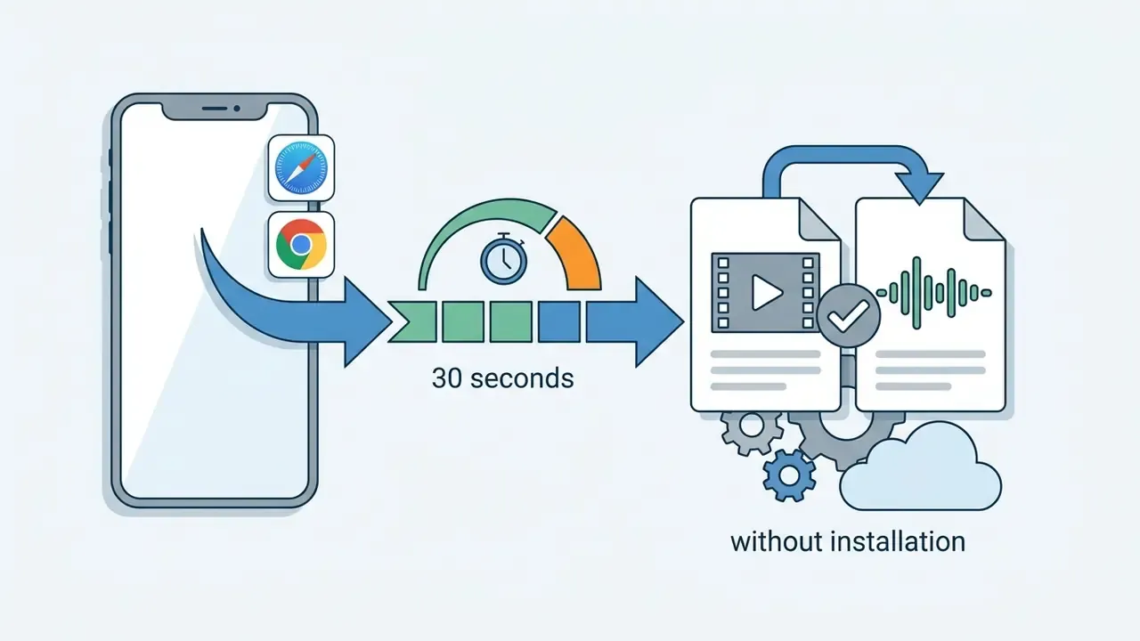 Smartphone using mobile browsers to add music to video in 30 seconds without any software installation