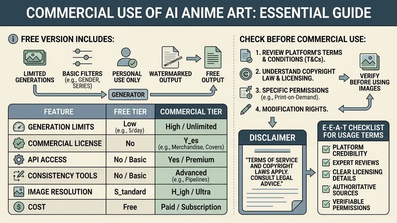 Infographic comparing free and commercial AI art tiers with a checklist for legal usage and compliance