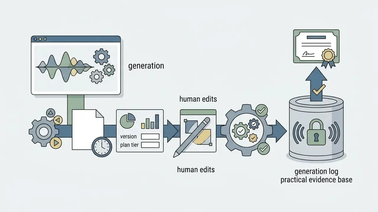 Workflow showing AI music generation, human editing, and secure logging for evidence of authorship