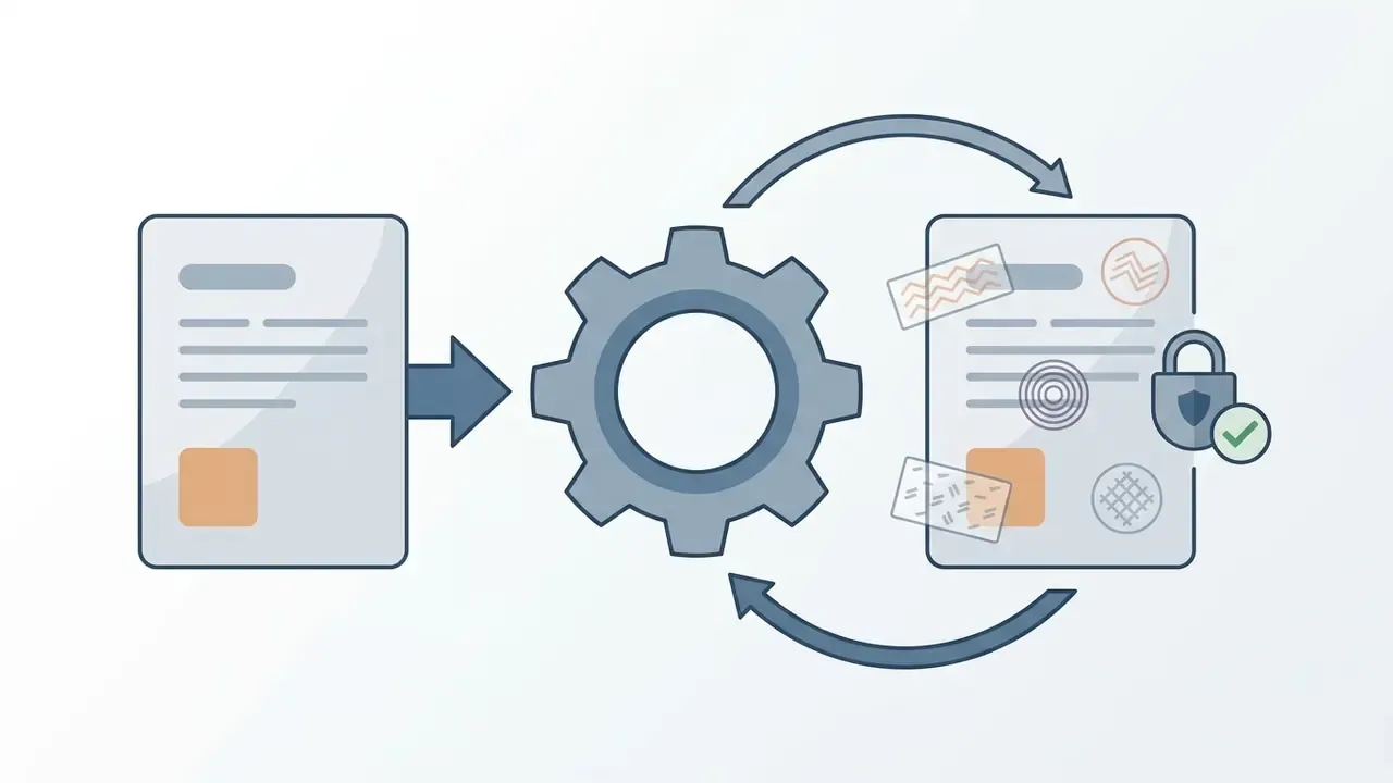 Document moving through a gear mechanism to receive watermarks and a secure padlock icon