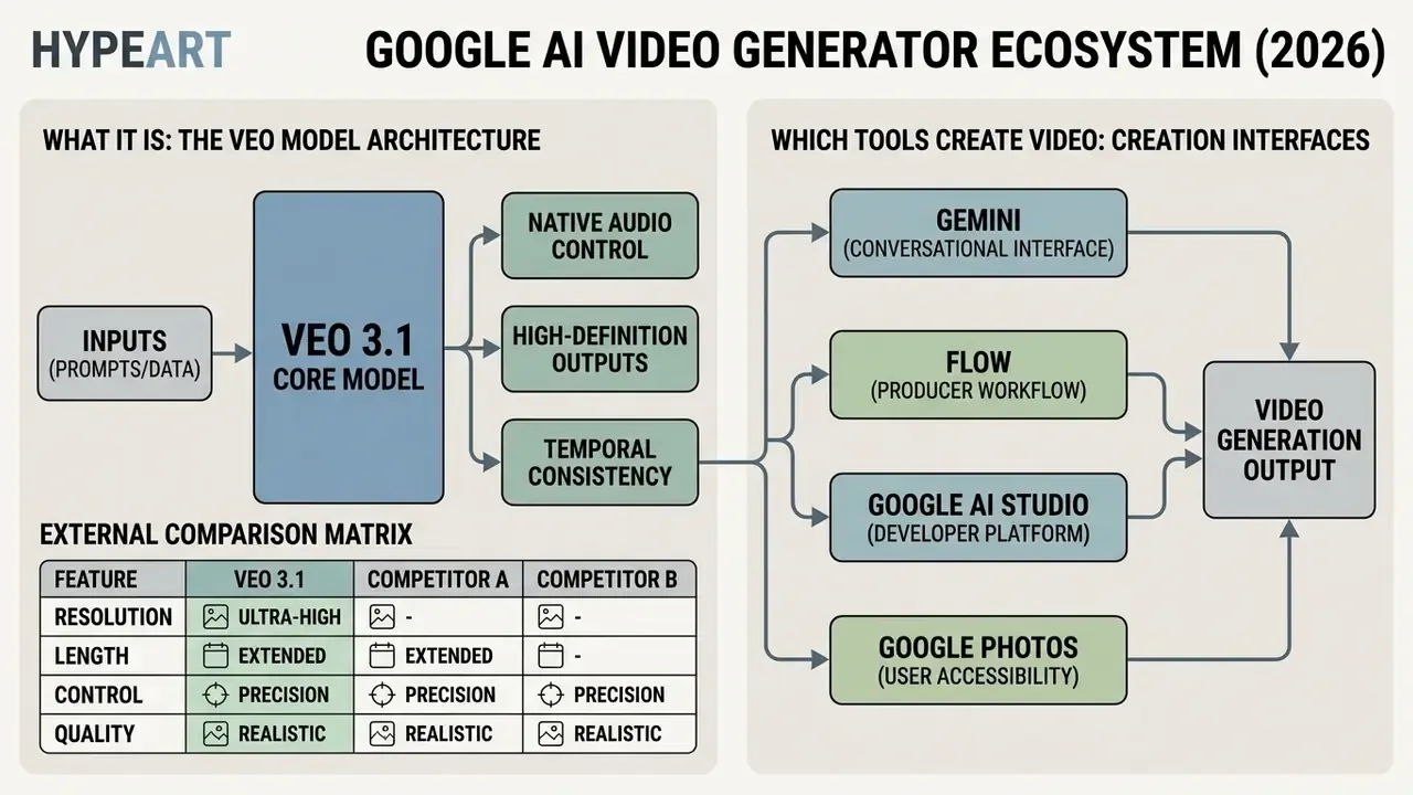Diagram showing the Veo 3.1 model architecture, creation tools, and a competitive feature matrix