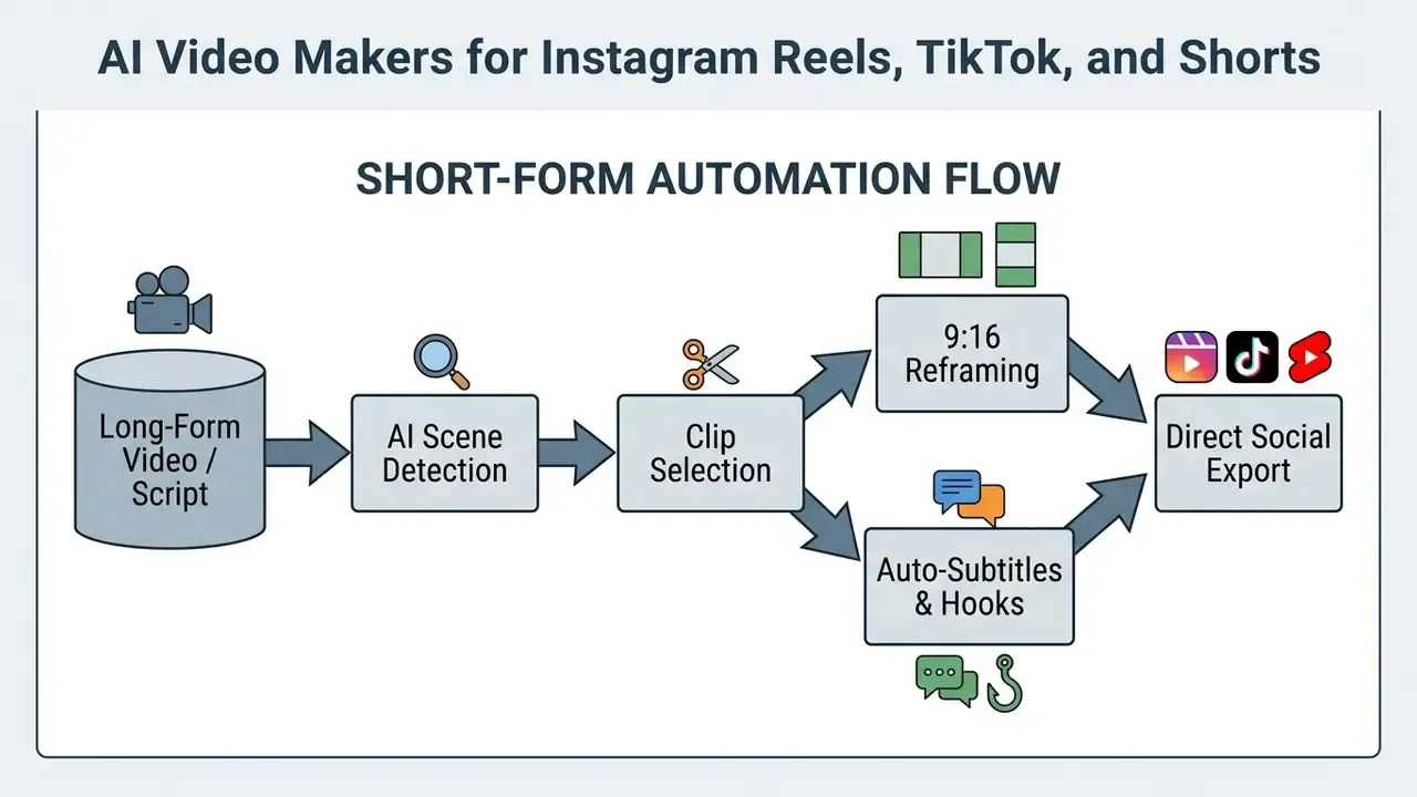 Process flow from long-form video to AI scene detection, clip selection, reframing, and social export