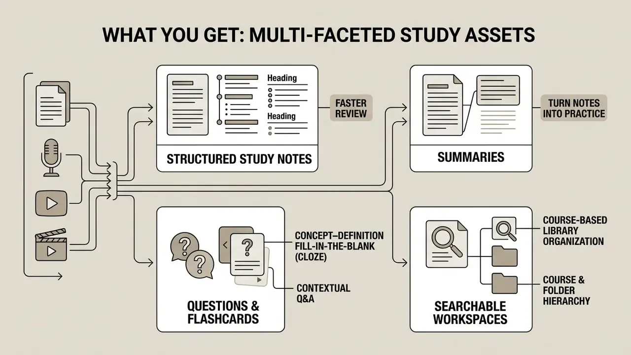 Visual map showing how diverse source materials are transformed into organized study tools and libraries