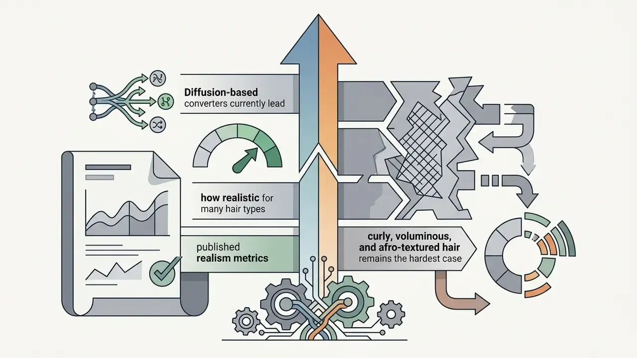 Diagram showing realism metrics for hair conversion models with gears and data visualization elements