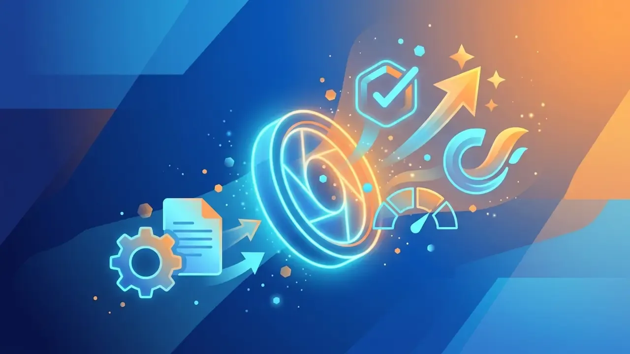 Gear and document icons feeding into a glowing camera aperture surrounded by checkmark and gauge symbols