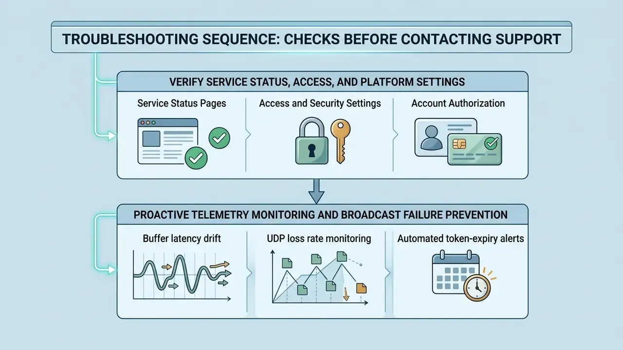 Flowchart outlining pre-check protocols for service status, access, telemetry, and broadcast failure prevention