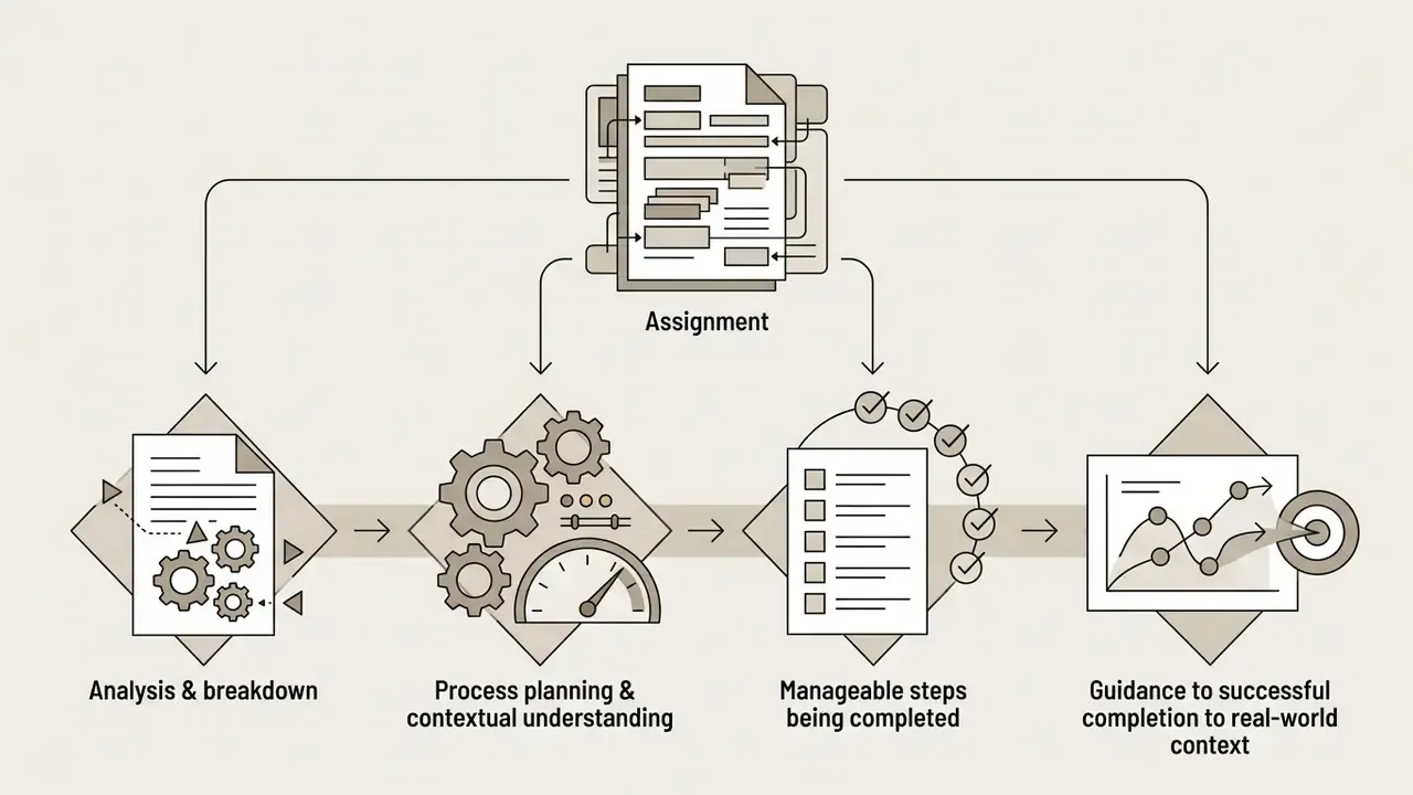 Assignment document flowing into a four-stage process of analysis, planning, task tracking, and results