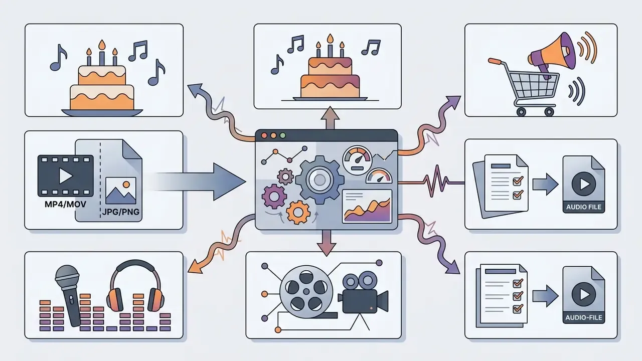Video and image files feeding into a processing hub that outputs birthday songs and audio assets