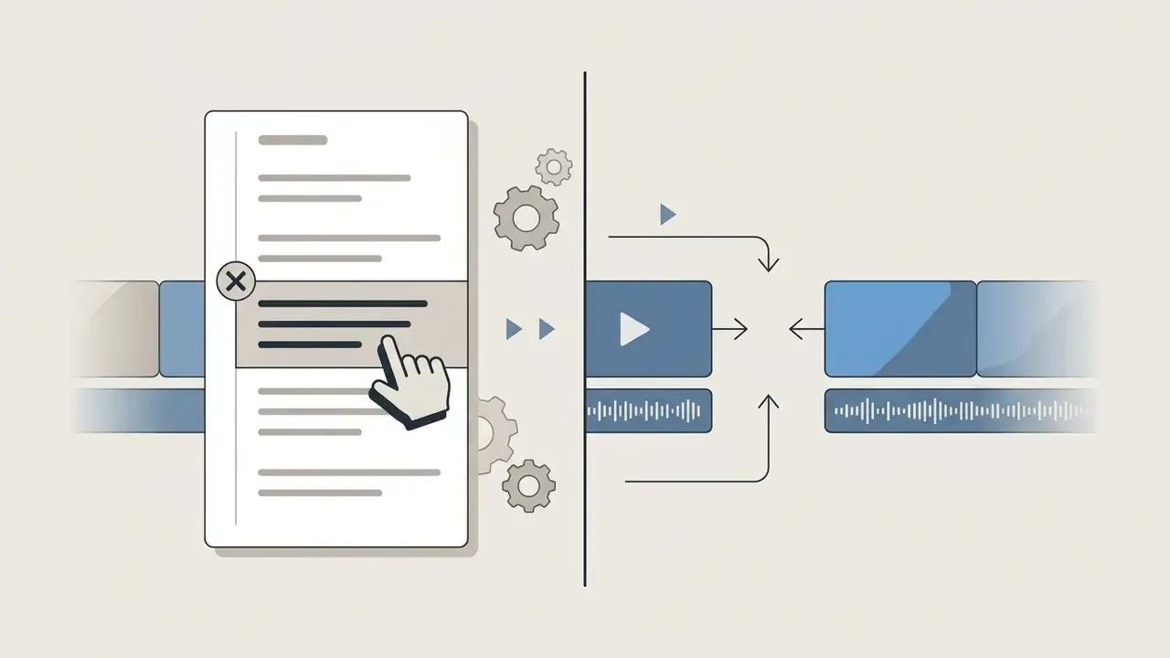 Transcript text being selected by a cursor to trigger a ripple delete of corresponding video timeline clips