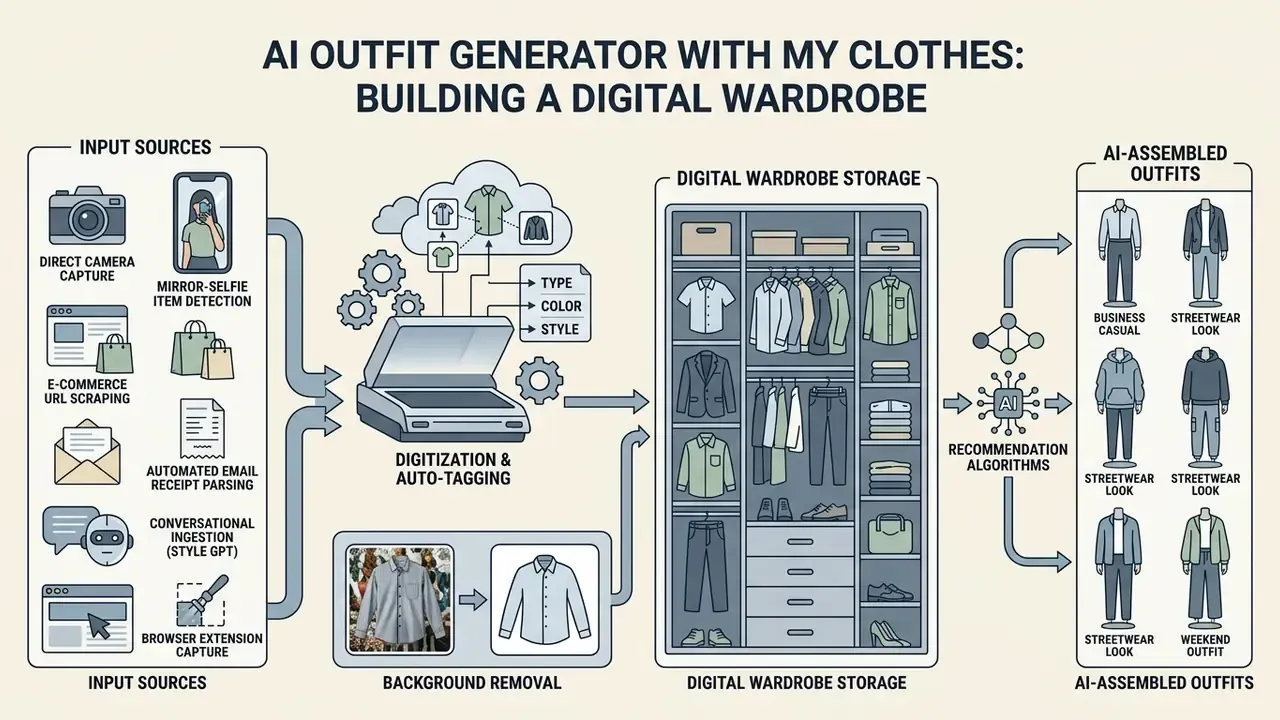 Diagram showing clothing input methods, digitization, storage, and algorithmically styled fashion looks