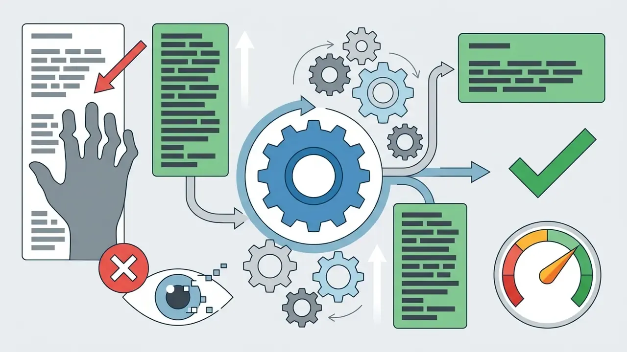 Hand and eye icons pointing to text blocks and gears that feed into a status gauge and checkmark
