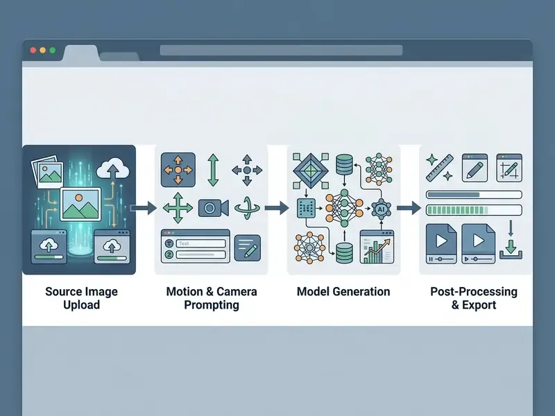 Four-step process flow showing image upload, motion prompting, model generation, and final video export
