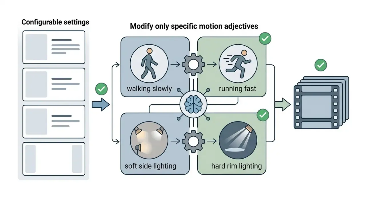 Configurable settings panel feeding into a central AI processor to adjust motion and lighting parameters