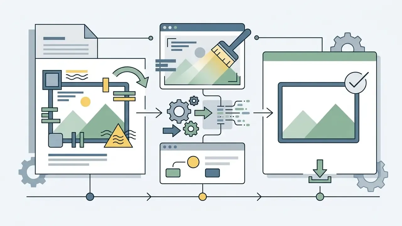 Workflow showing document scanning, brush selection, gear processing, and final file download