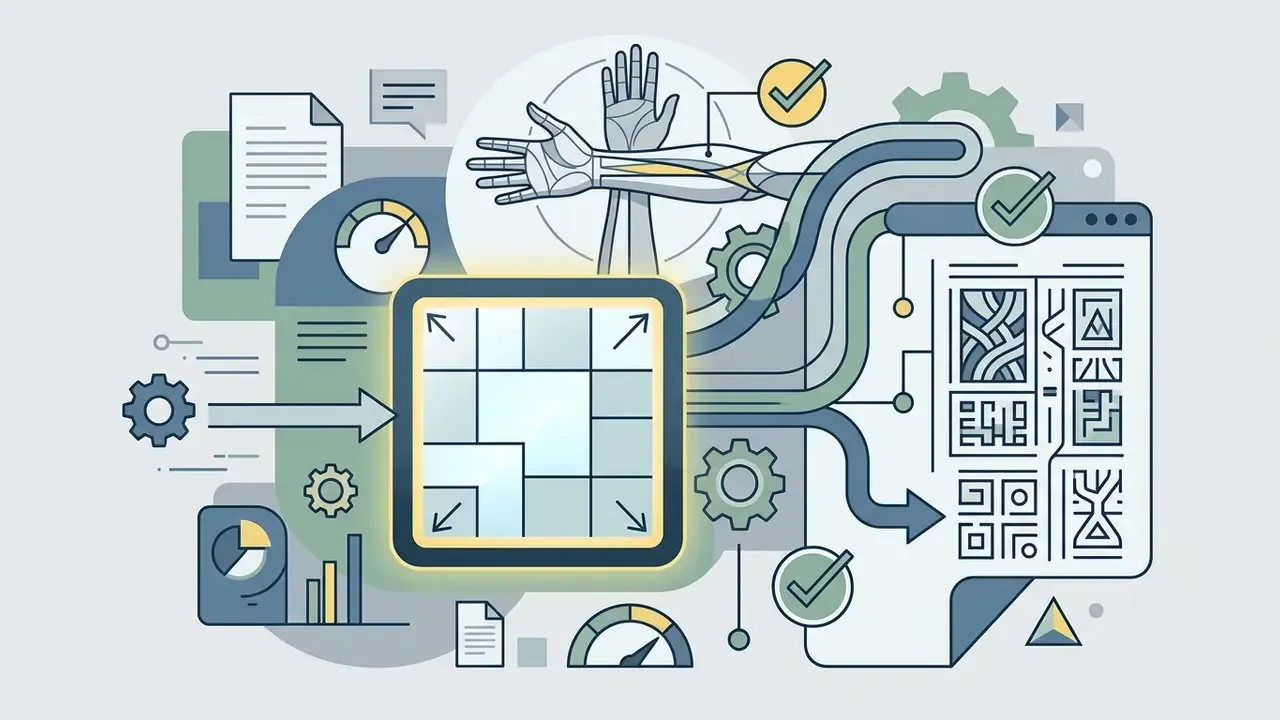 Central square icon with arrows connecting to anatomical hand drawings and complex grid patterns