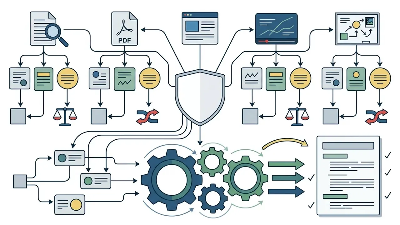 Research sources and data points flowing into a central shield and gear mechanism to create a final report