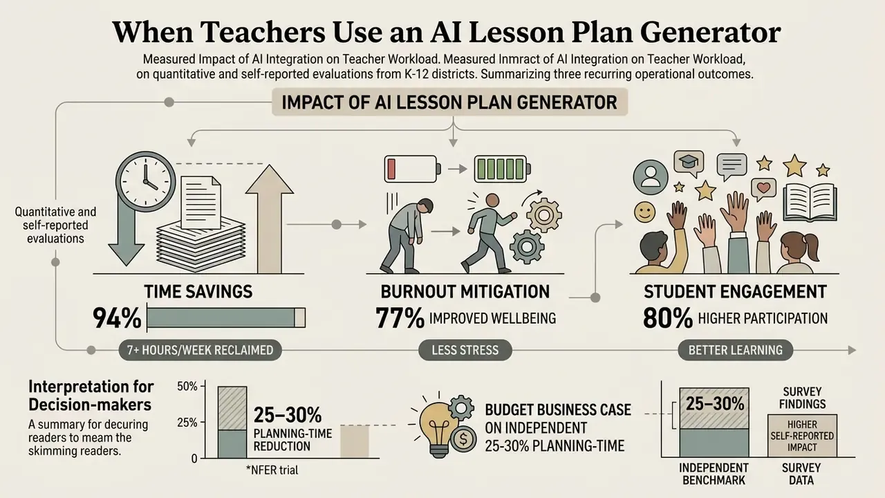 Infographic showing how an AI lesson plan generator increases time savings, reduces burnout, and boosts engagement
