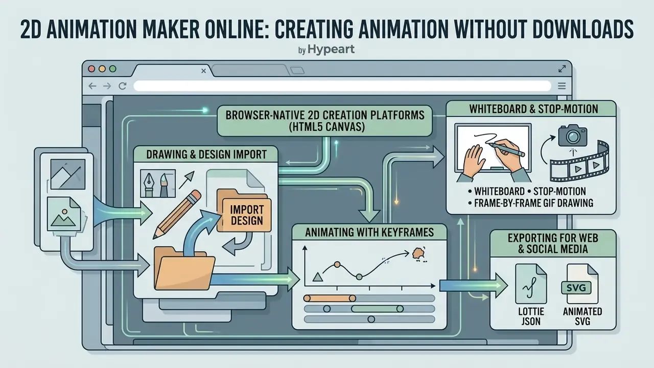Browser interface showing design import, keyframe animation, whiteboard tools, and file export options