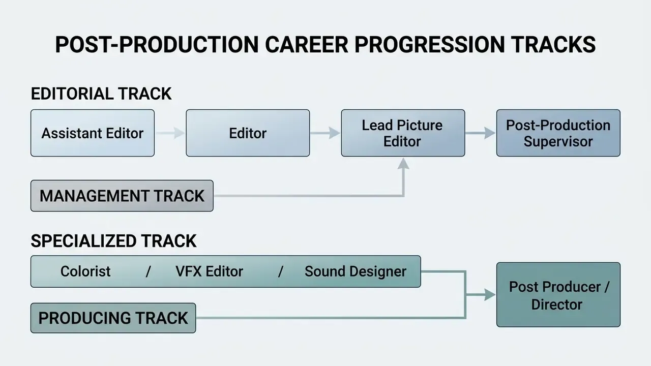 Visual map of editorial, management, specialized, and producing roles in post-production career paths