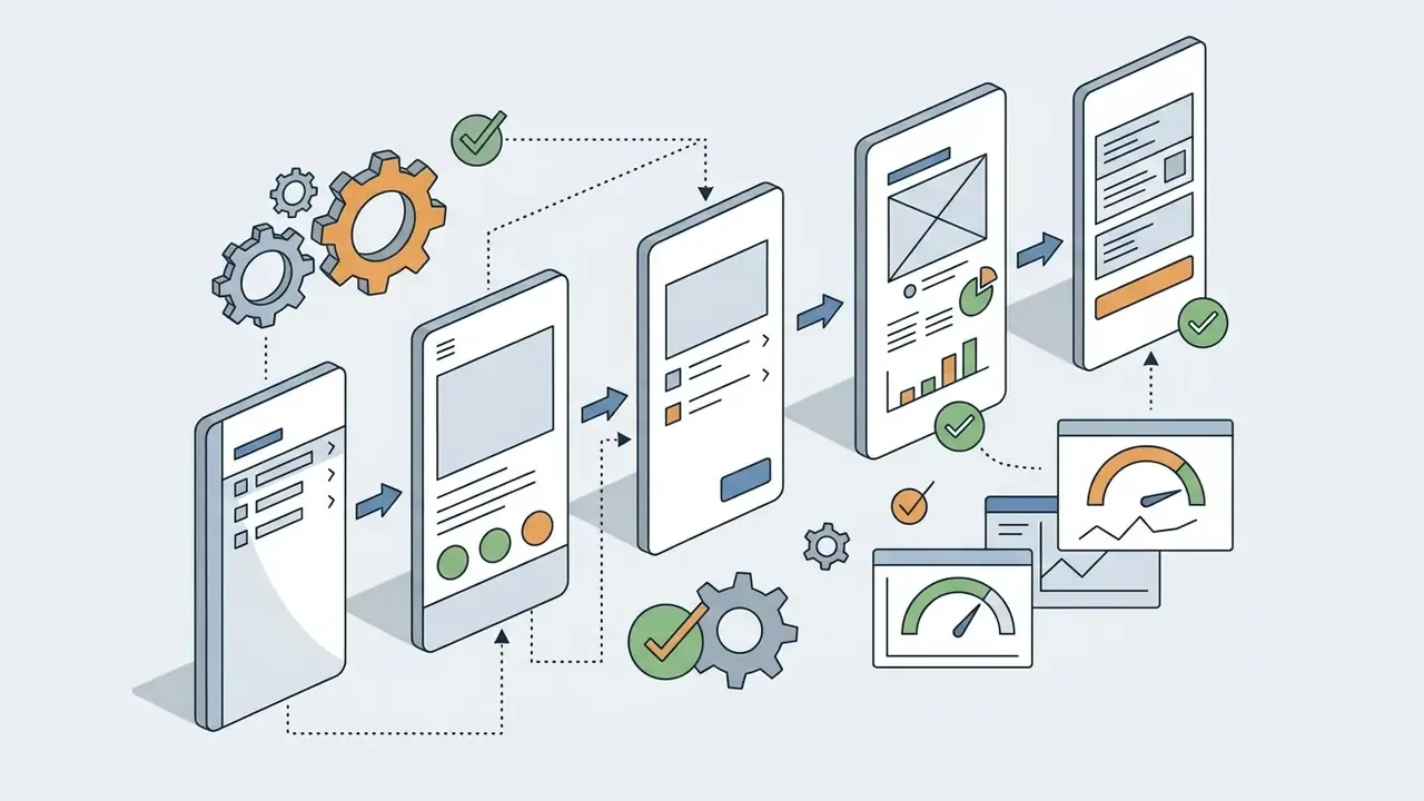 Series of smartphones showing UI design steps connected by gears and checkmark icons