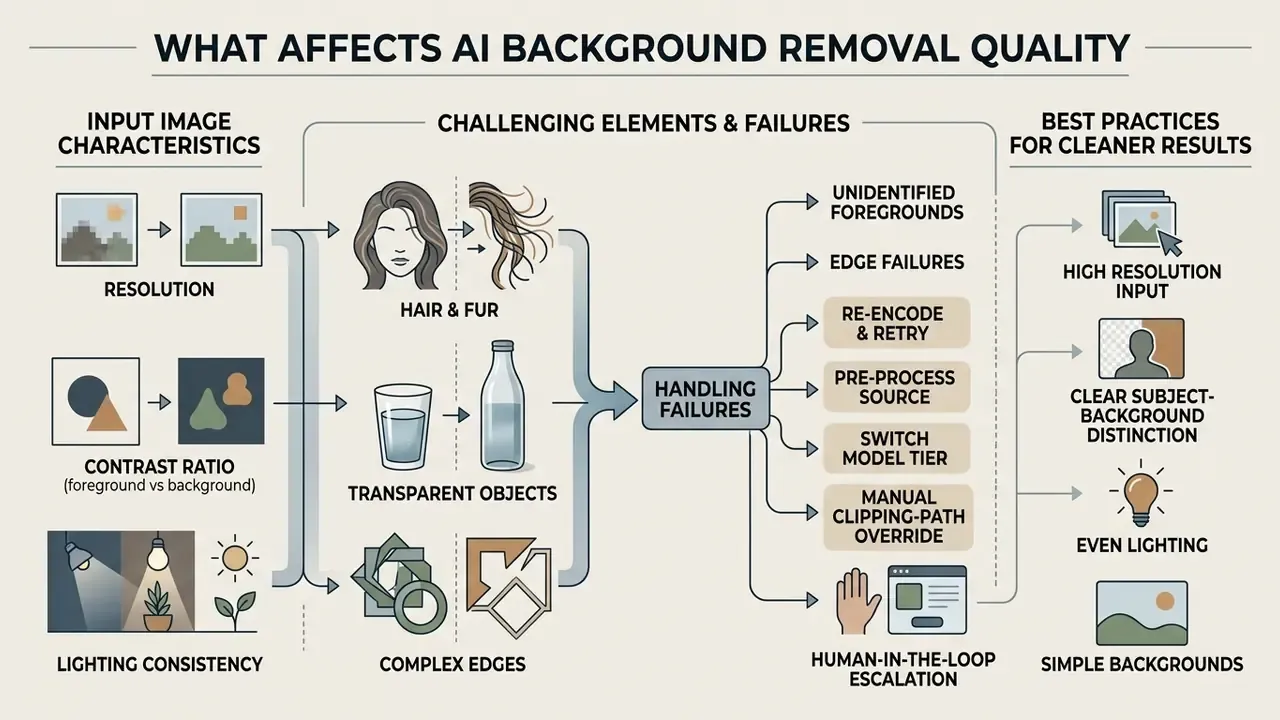 Infographic detailing how input quality and complex subjects impact AI background removal performance