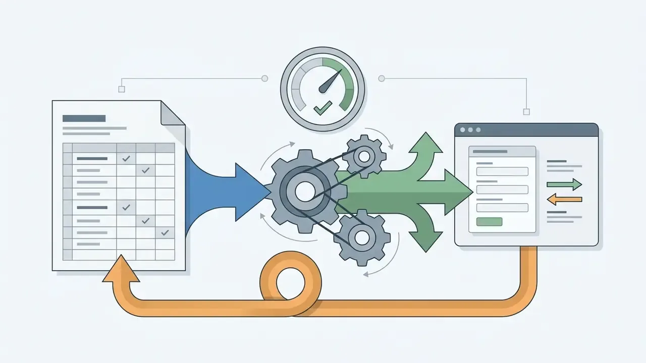 Spreadsheet data flowing through a gear mechanism to an interface with a feedback loop back to the source