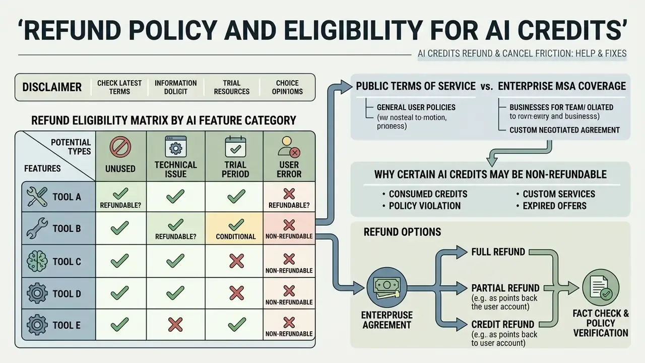 Infographic matrix detailing AI credit refund eligibility based on feature types and policy categories