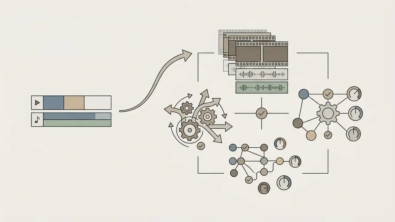 Transition from basic two-track timeline to complex professional video editing features and node networks