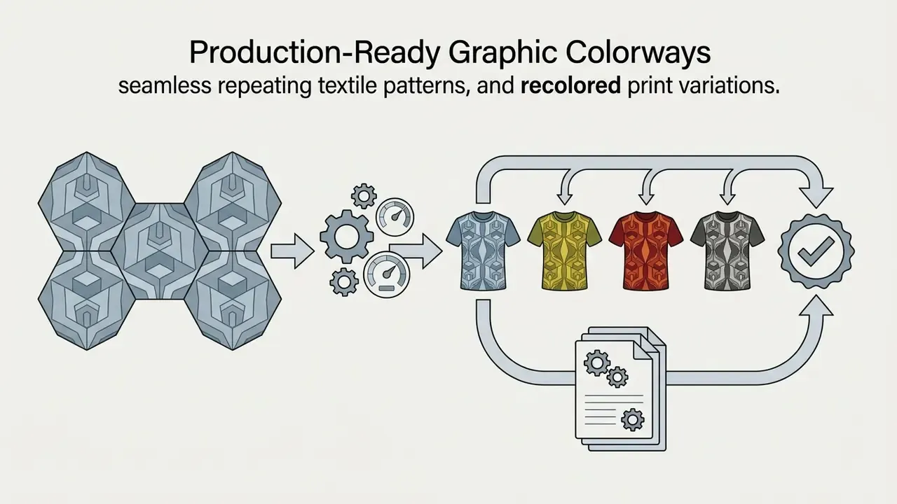 Repeating textile patterns processed through gears into multiple colored t-shirt design variations