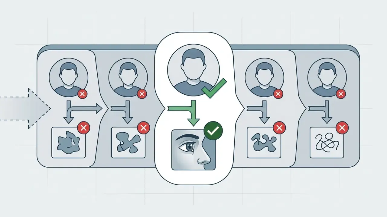 Series of person icons being processed into shapes with only one successful match highlighted