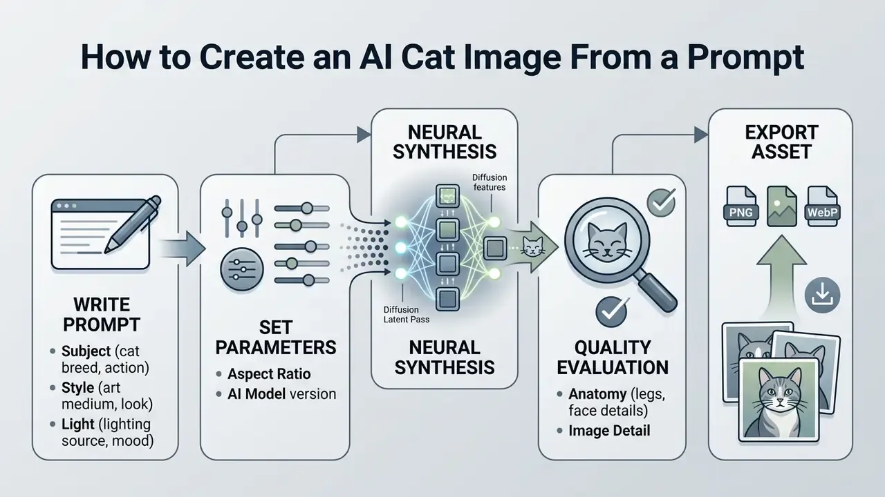 Flowchart detailing five steps to generate AI cat pictures from prompt writing to final asset export